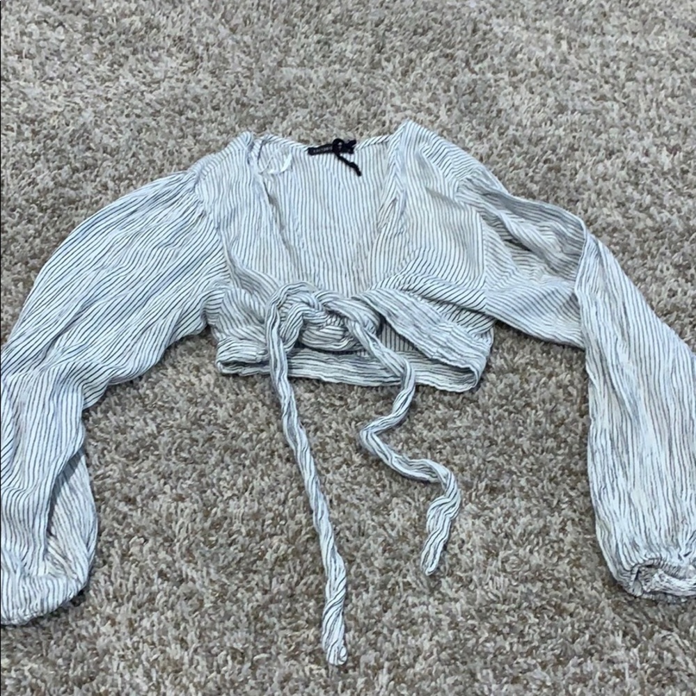 Crop wrap blue and white striped shirt